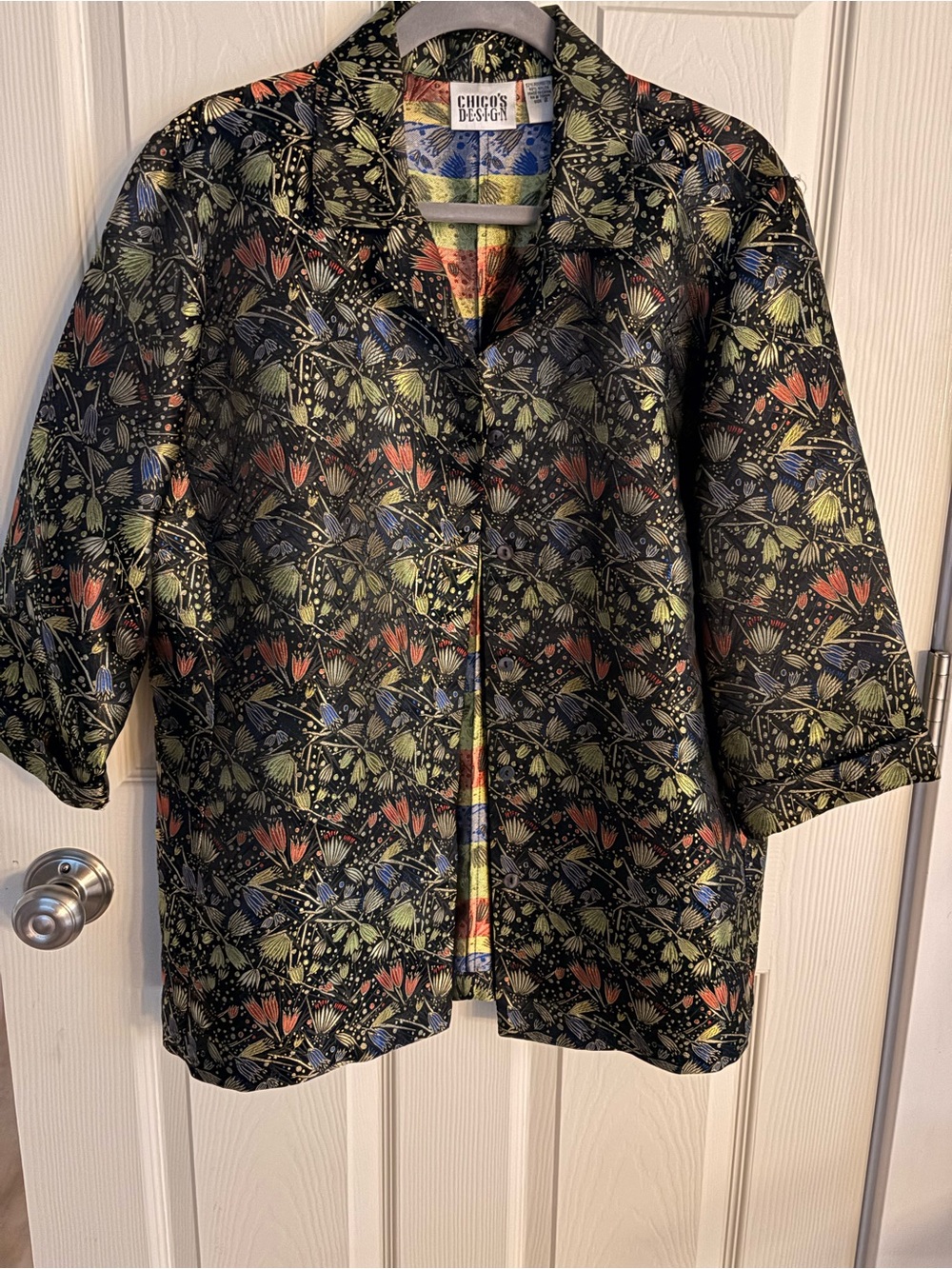 Chico's Black Floral Patterned Open Jacket with Multicolor Accents